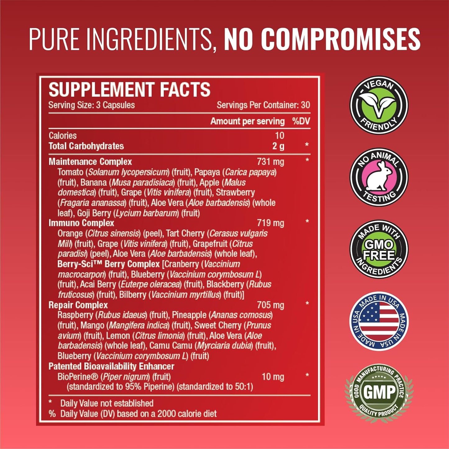 42 Whole Fruit and Veggie Supplement for Enhanced Health & Vitality - Daily Natural Vitamins, Minerals, Antioxidants - 270 Capsules, 3-Month Supply by Approved Science