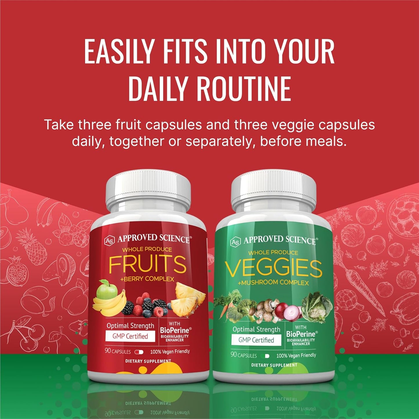 42 Whole Fruit and Veggie Supplement for Enhanced Health & Vitality - Daily Natural Vitamins, Minerals, Antioxidants - 270 Capsules, 3-Month Supply by Approved Science