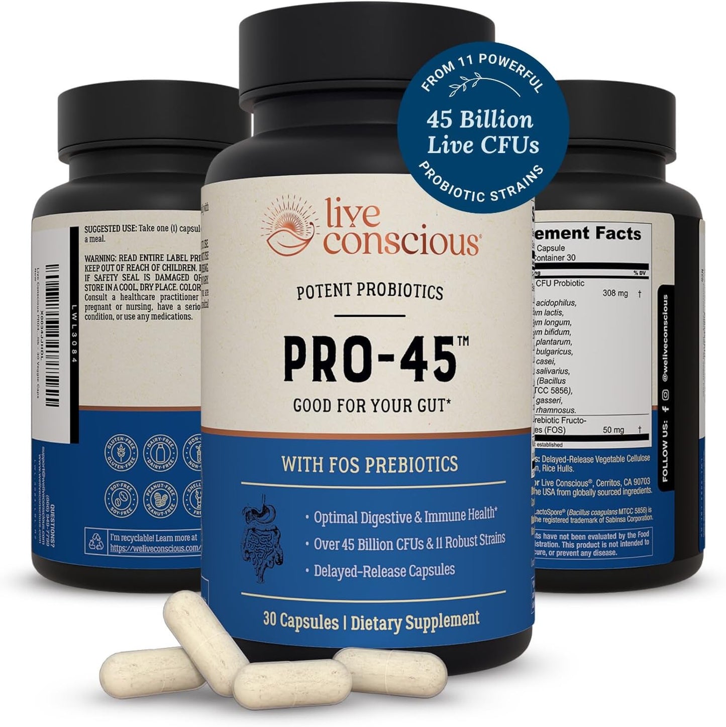 45 Billion CFU Probiotic Formula - 11 Strains, Dairy Free, Delayed Release Capsules - Immune & Digestive Support - 2 Pack of 60 Capsules