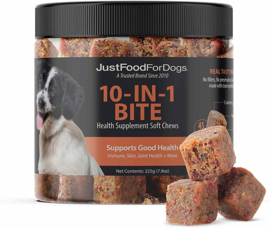 45 Count JustFoodForDogs Multifunctional Supplement Chews with Superfood Blend, Glucosamine, Omega-3, Probiotics for Skin & Joint Health
