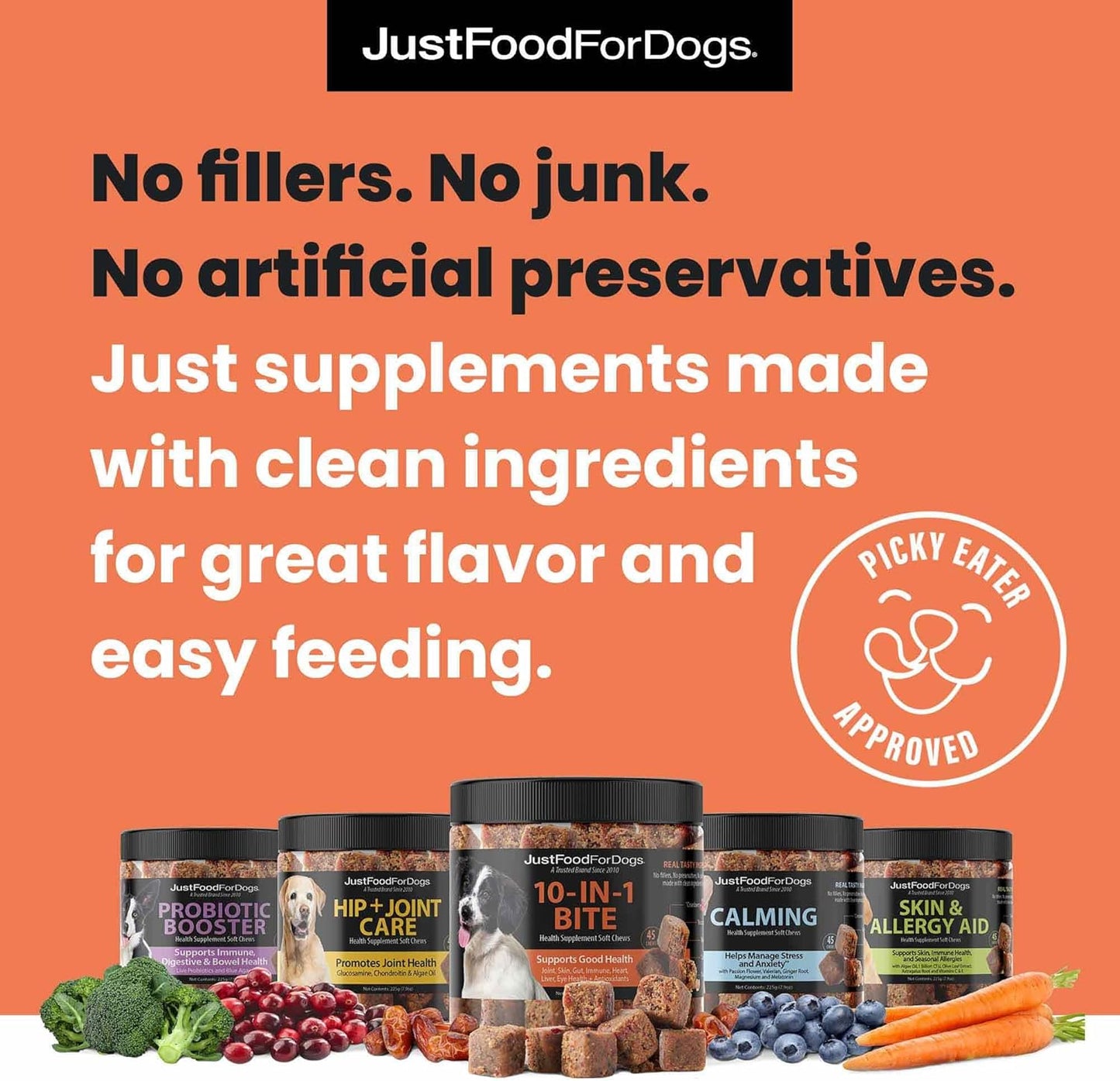 45 Count JustFoodForDogs Multifunctional Supplement Chews with Superfood Blend, Glucosamine, Omega-3, Probiotics for Skin & Joint Health