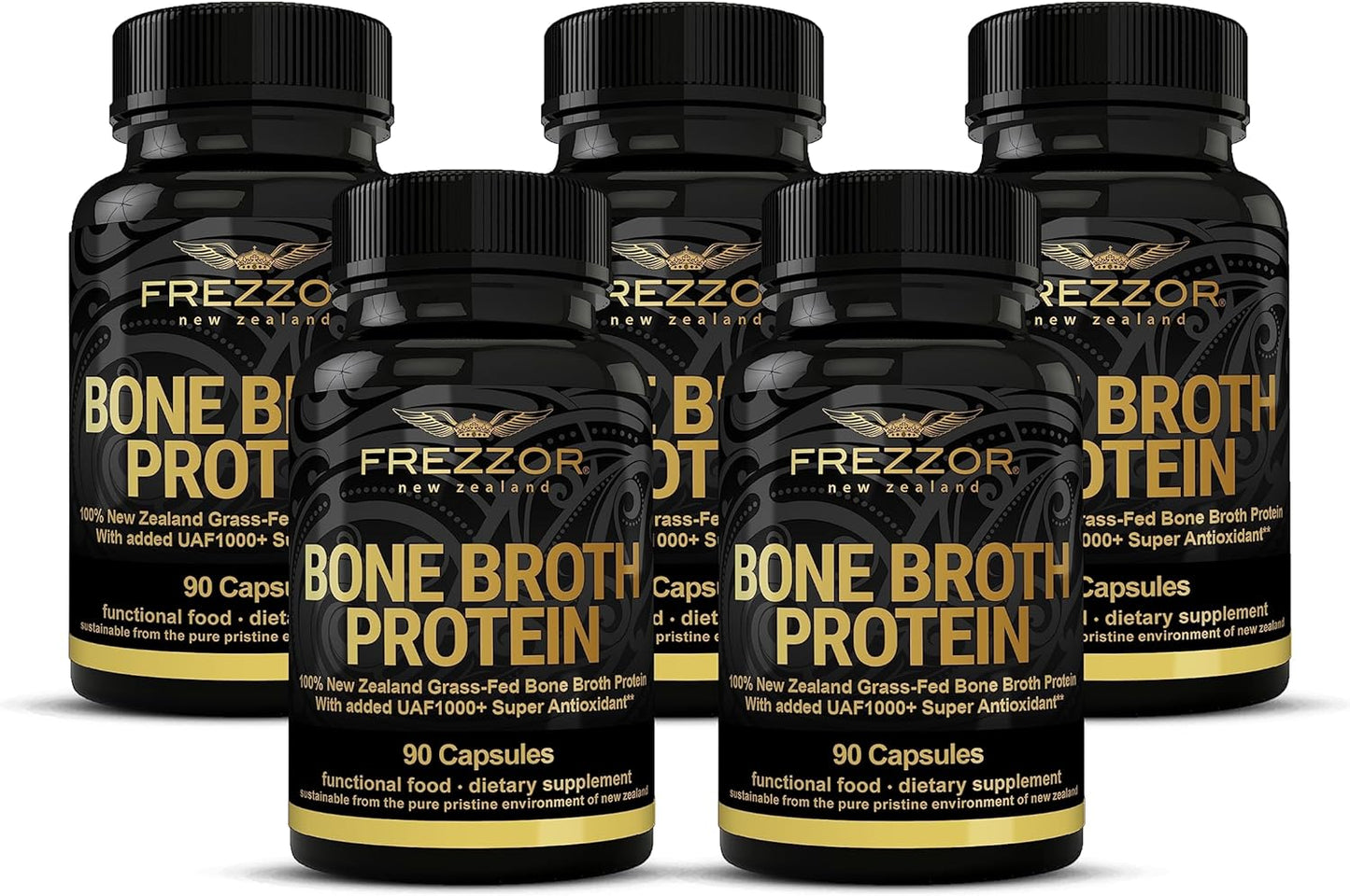 450 Capsules of FREZZOR Bone Broth Protein - Grass-Fed New Zealand Cattle Source for Joint, Skin, Hair, Nail Support, Amino Acids, Anti-Aging, Pain Relief - Pack of 5