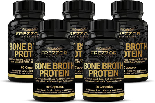 450 Capsules of FREZZOR Bone Broth Protein - Grass-Fed New Zealand Cattle Source for Joint, Skin, Hair, Nail Support, Amino Acids, Anti-Aging, Pain Relief - Pack of 5
