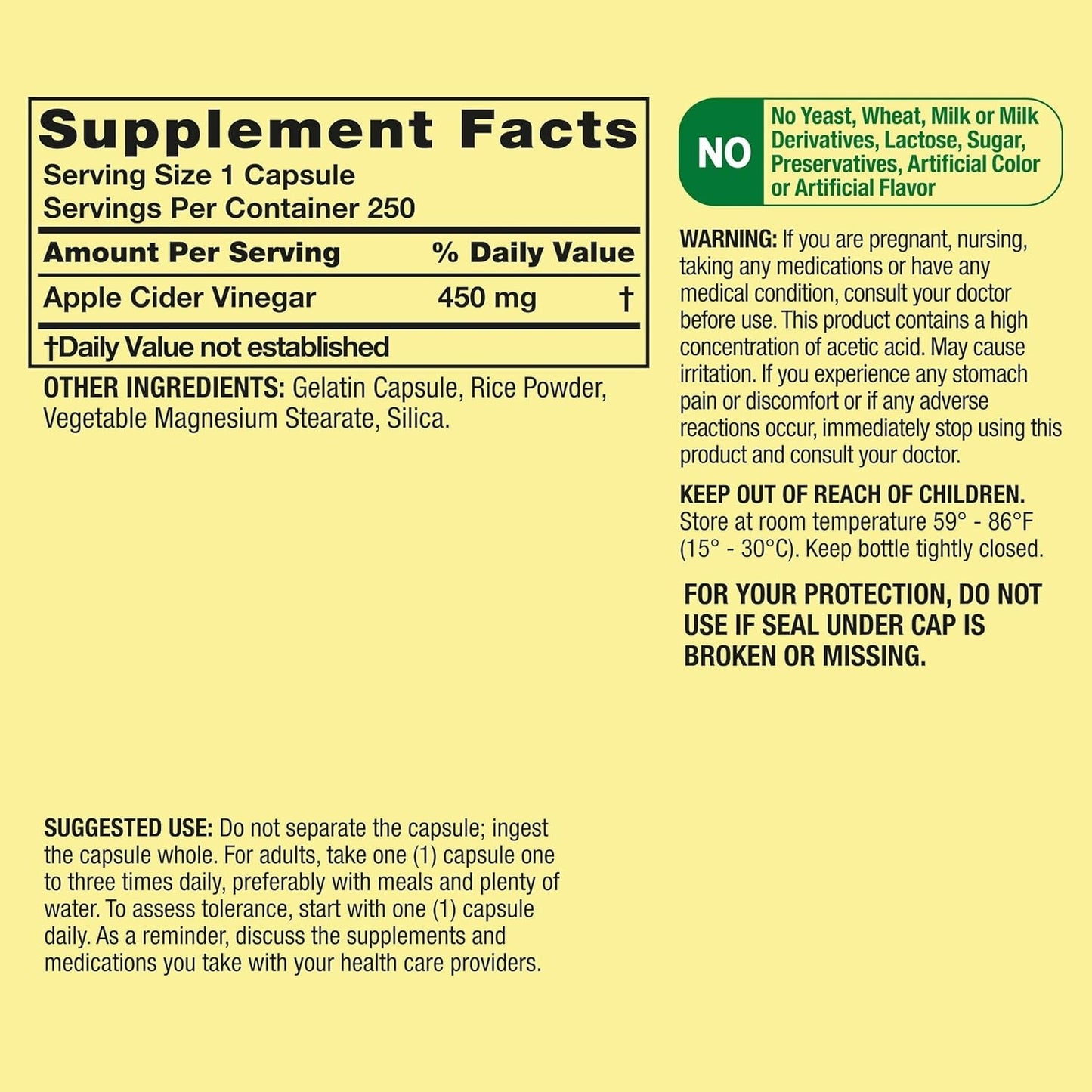 450 mg Apple Cider Vinegar Capsules - 250 Count ACV Supplement Pills for Wellness