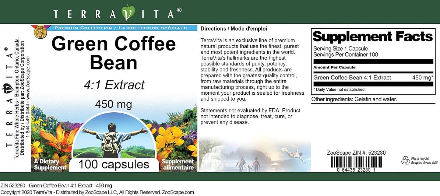 450 mg Green Coffee Bean 4:1 Extract Capsules - Pack of 100 (ZIN: 523280) for Weight Management