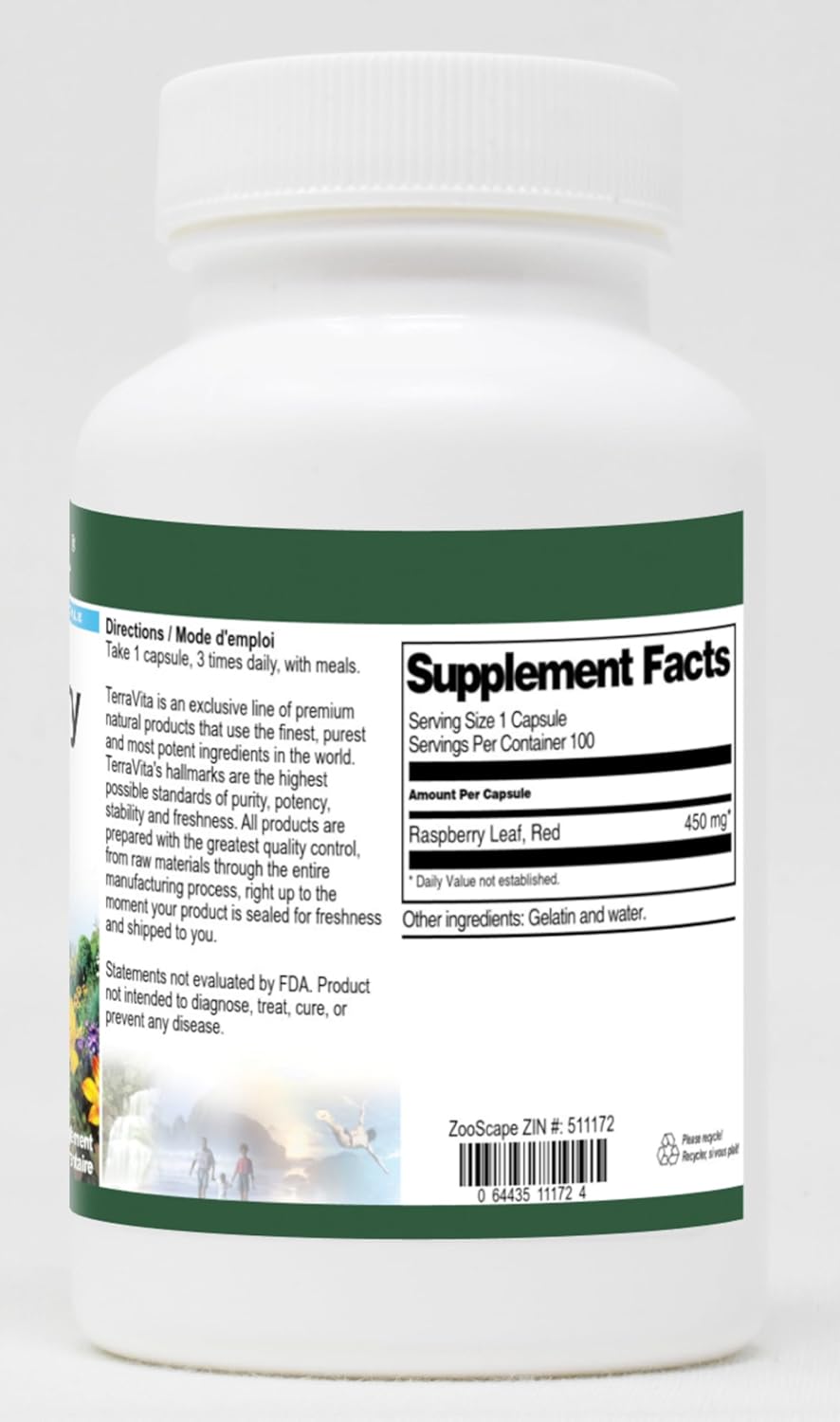 450 mg Red Raspberry Leaf Capsules - Terravita (100 count, ZIN: 511172)