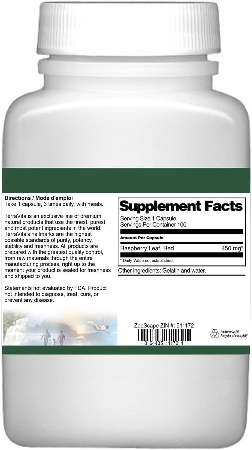 450 mg Red Raspberry Leaf Capsules - Terravita (100 count, ZIN: 511172)