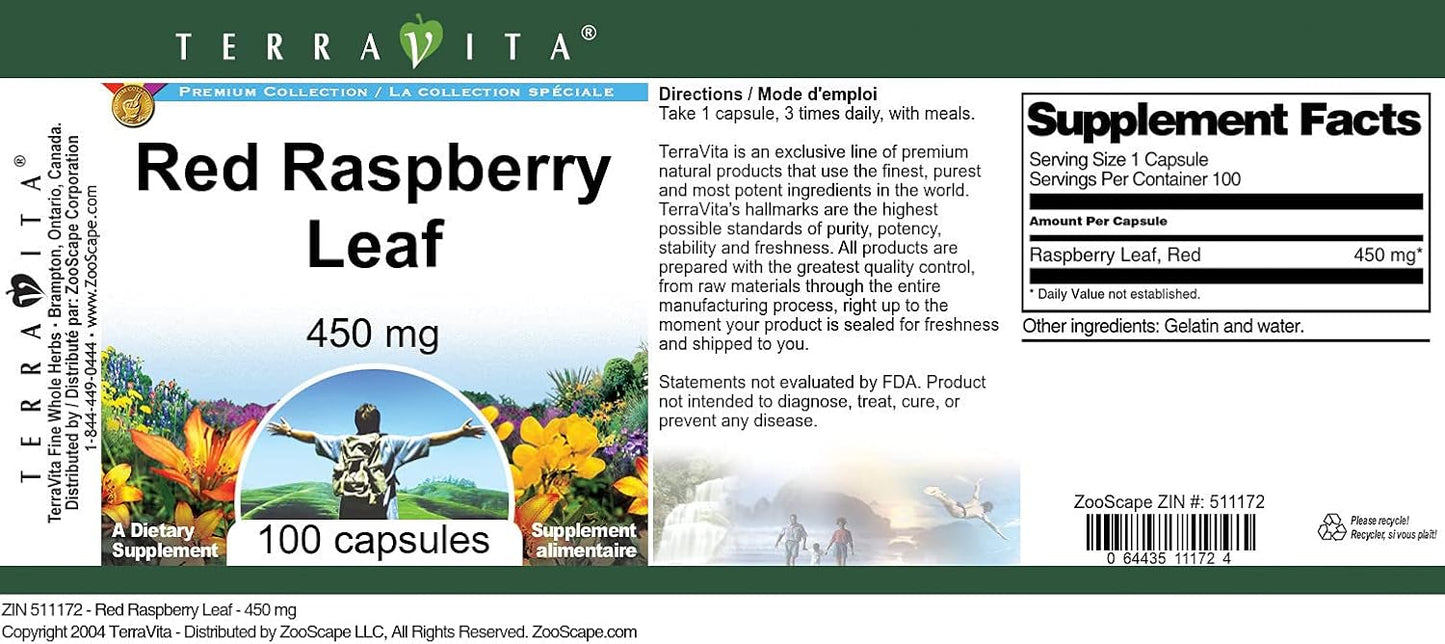 450 mg Red Raspberry Leaf Capsules - Terravita (100 count, ZIN: 511172)