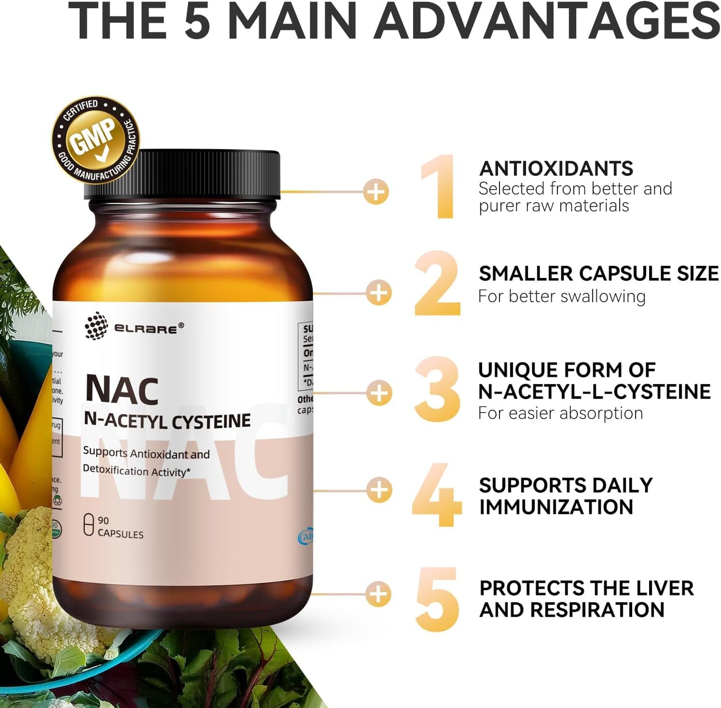 450mg Elrare NAC Supplement for Liver & Kidney Detox, Respiratory Health, Immune Function - 90 Capsules, Antioxidant