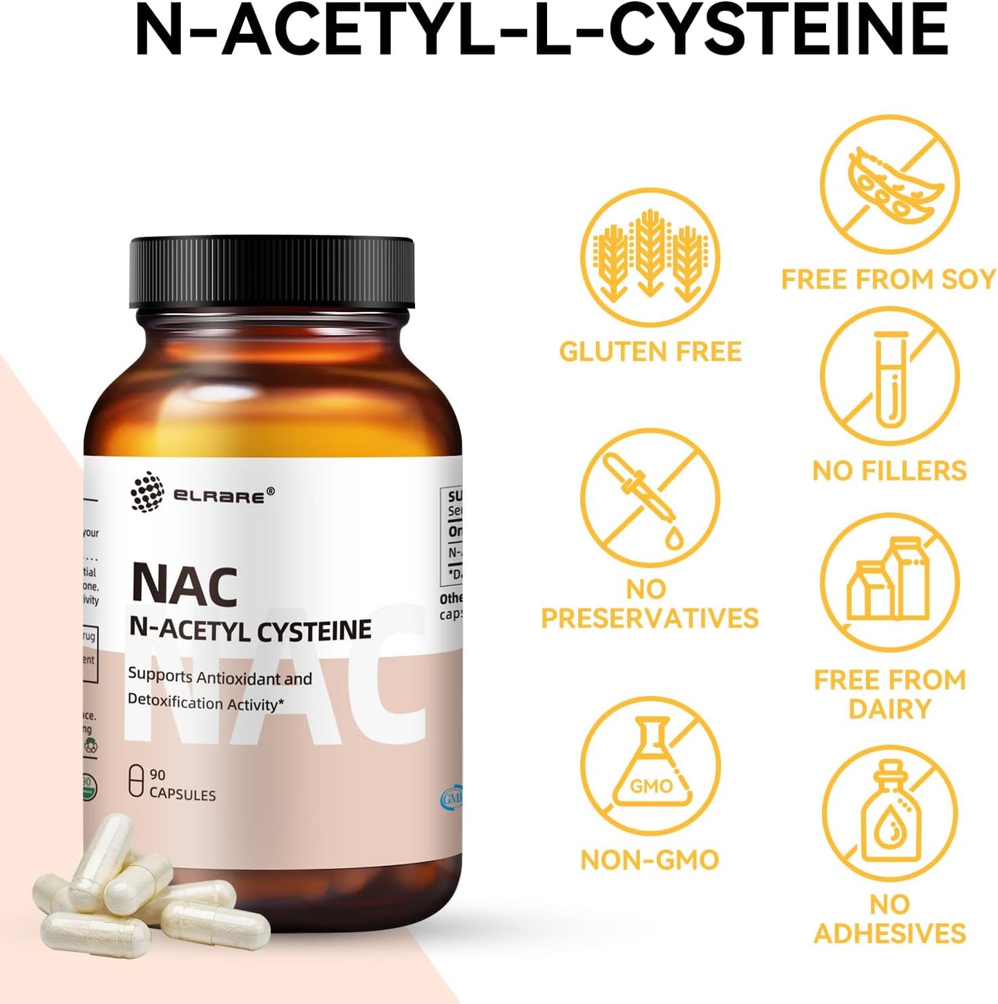 450mg Elrare NAC Supplement for Liver & Kidney Detox, Respiratory Health, Immune Function - 90 Capsules, Antioxidant