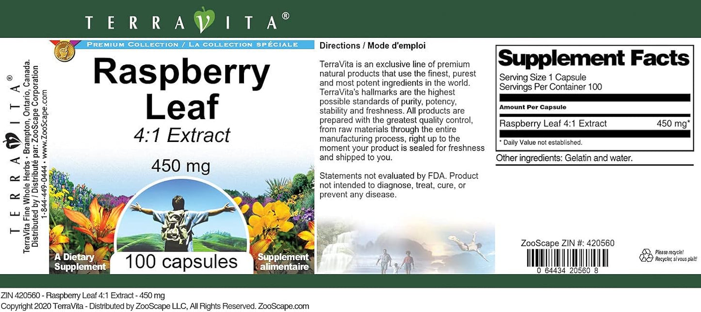 450mg Raspberry Leaf Extract (4:1 Concentration, 100 Capsules, ZIN: 420560)