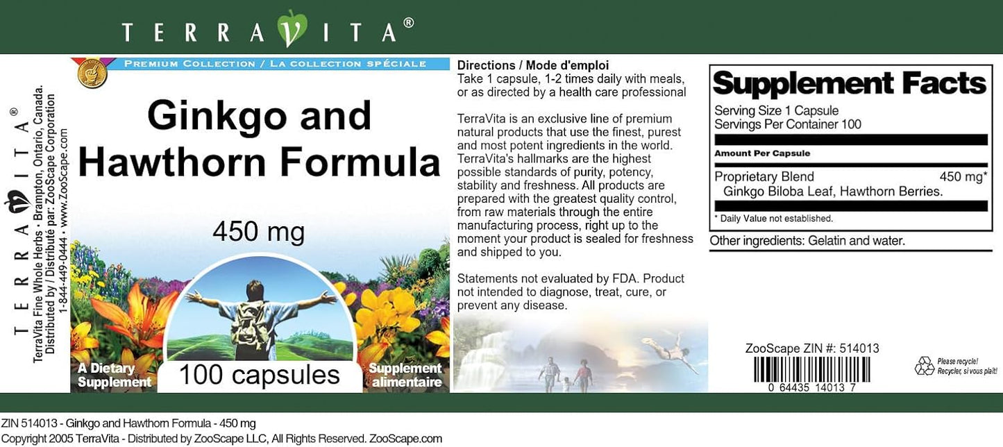 450mg Terravita Ginkgo and Hawthorn Formula Capsules (100 Count, ZIN: 514013)