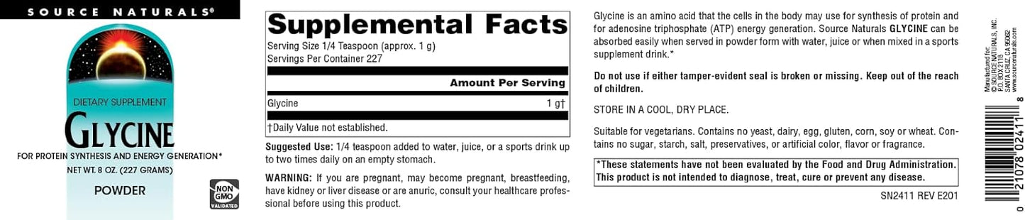 454 Grams Source Naturals Glycine Powder for Energy Generation and Protein Synthesis, 8 oz