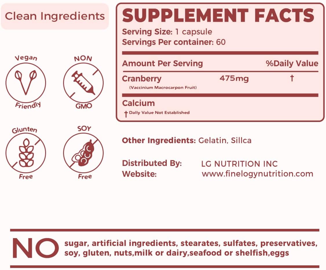 475mg Cranberry Pills - 60 Vegan Capsules for Urinary Tract & Bladder Health | Non-GMO Cranberry Supplement with Concentrated Powder - Sugar-Free (2-Month Supply)