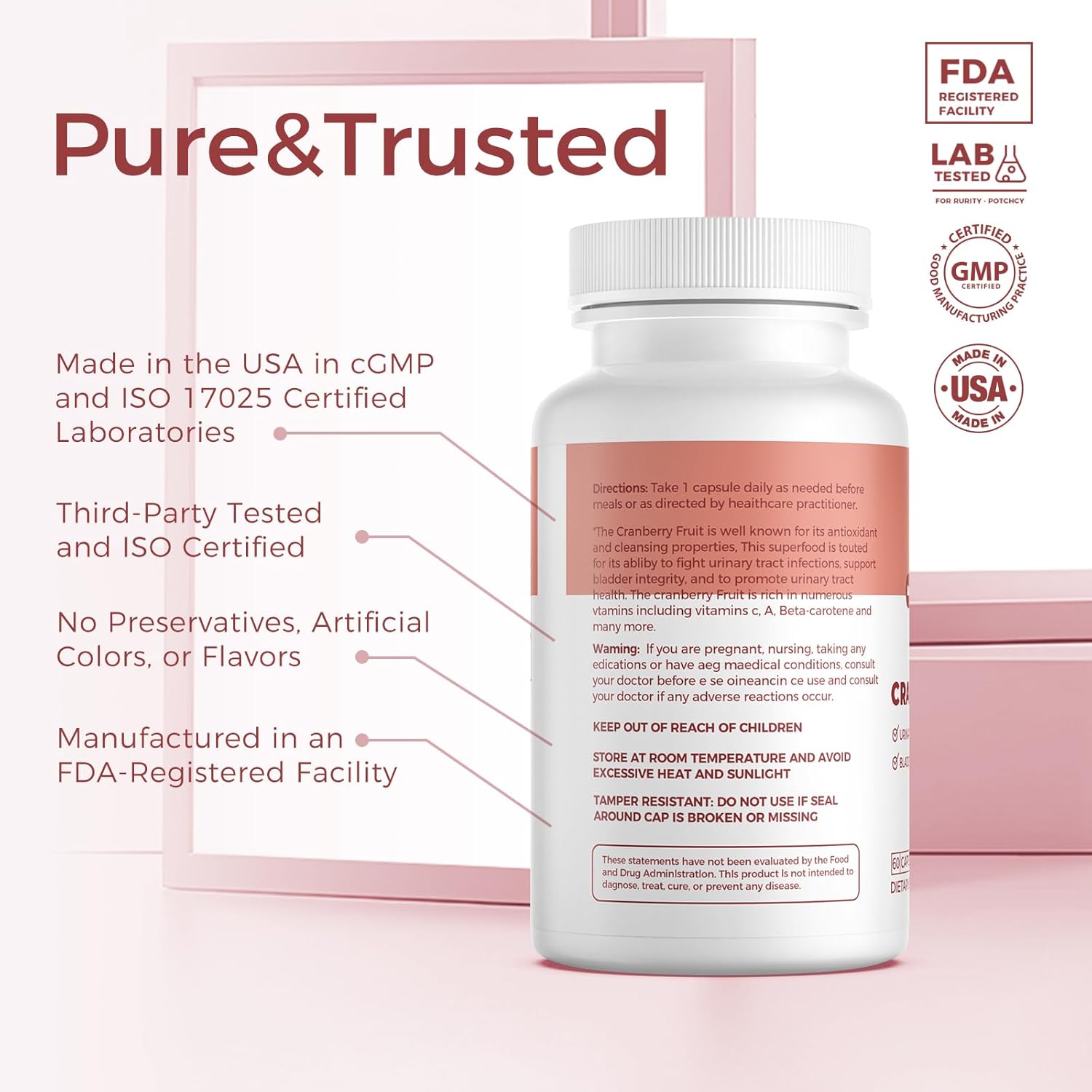 475mg Cranberry Pills - 60 Vegan Capsules for Urinary Tract & Bladder Health | Non-GMO Cranberry Supplement with Concentrated Powder - Sugar-Free (2-Month Supply)