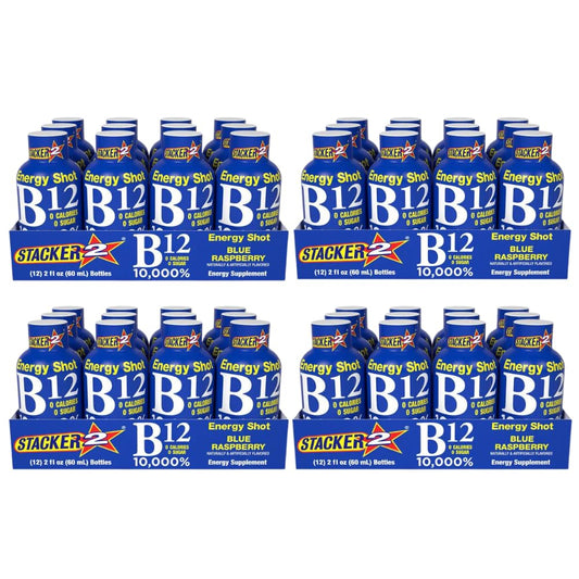 48 Pack Stacker 2 Blue Raspberry B12 Energy Shot - 2oz Shots