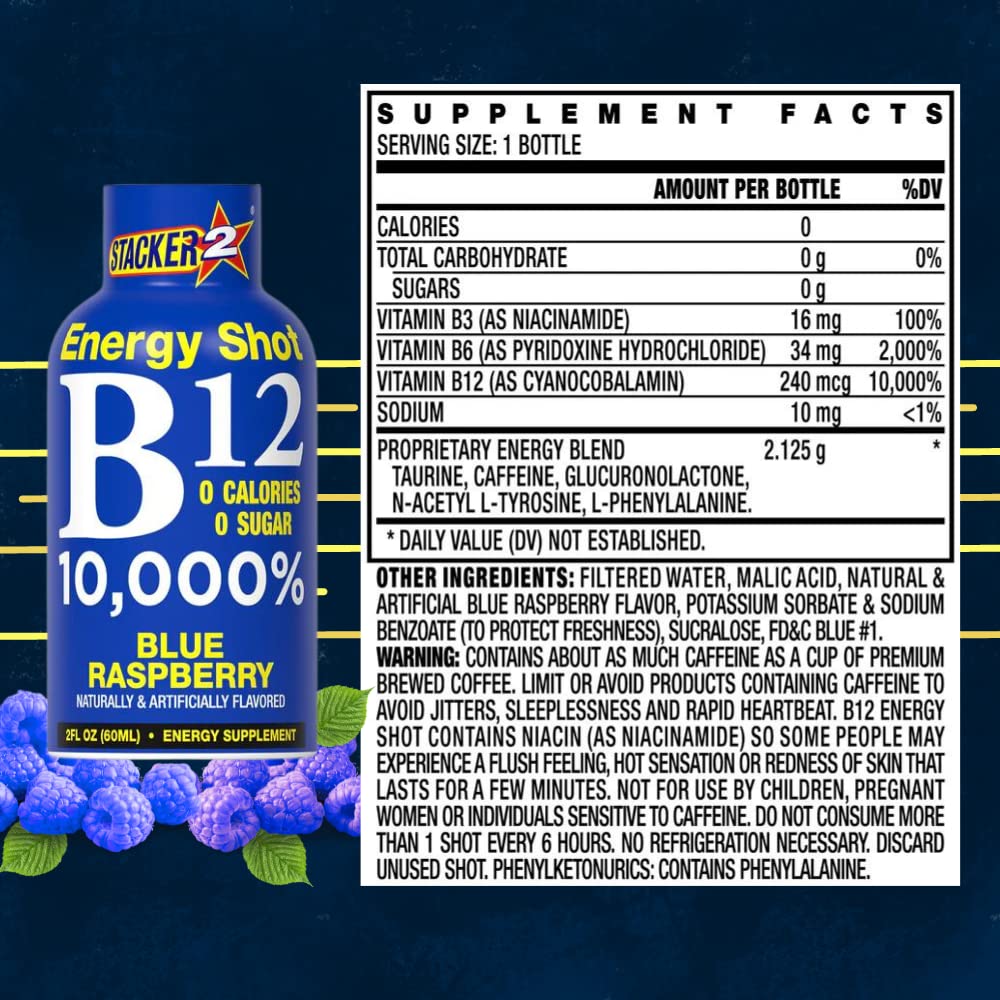48 Pack Stacker 2 Blue Raspberry B12 Energy Shot - 2oz Shots