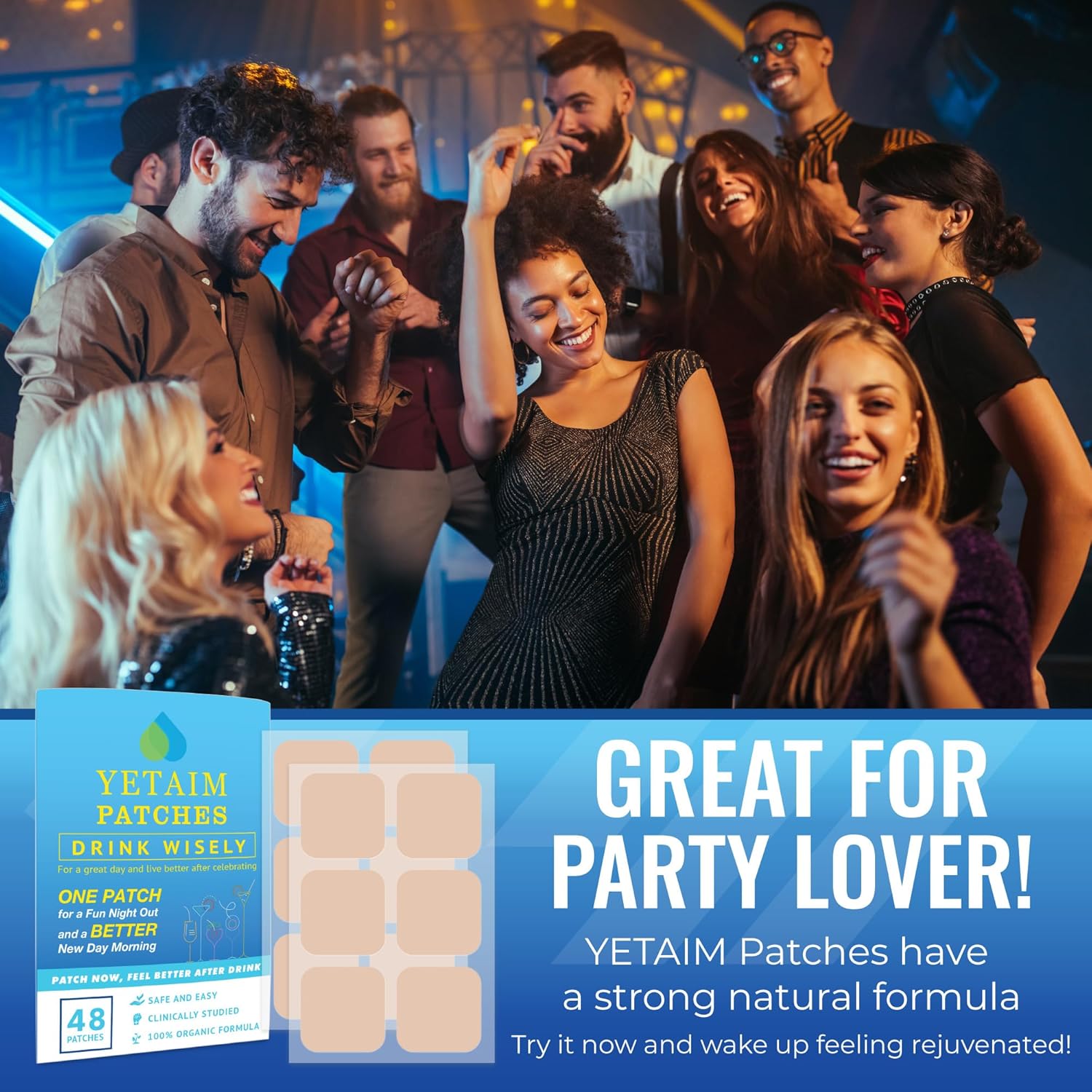 48-Pack YETAIM Recovery Patches for Men and Women - Fast Energy Boost and Recovery Support for Day and Night Parties - Arm, Neck, Wrist, and Back Application for Morning Revival - Clear Blue