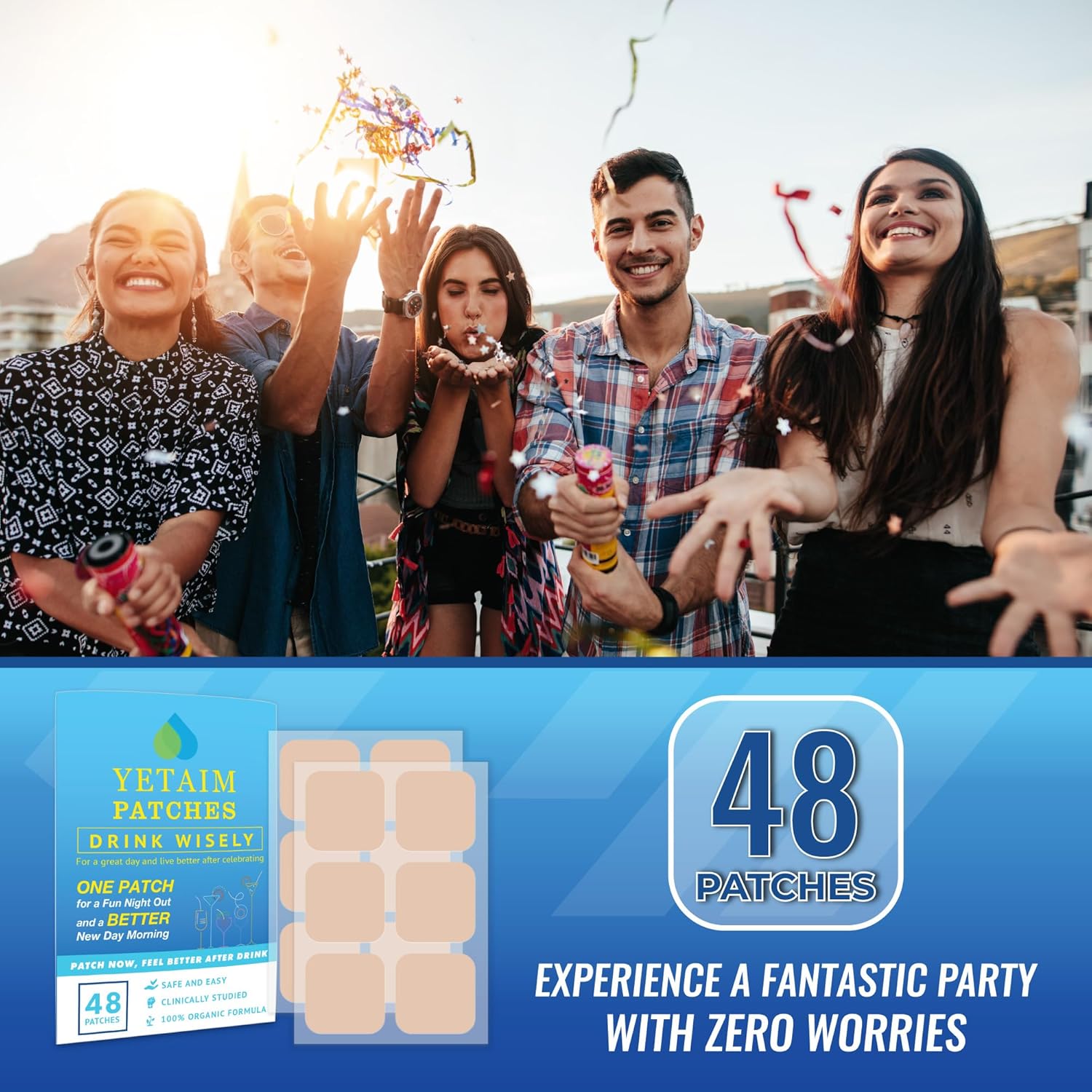 48-Pack YETAIM Recovery Patches for Men and Women - Fast Energy Boost and Recovery Support for Day and Night Parties - Arm, Neck, Wrist, and Back Application for Morning Revival - Clear Blue