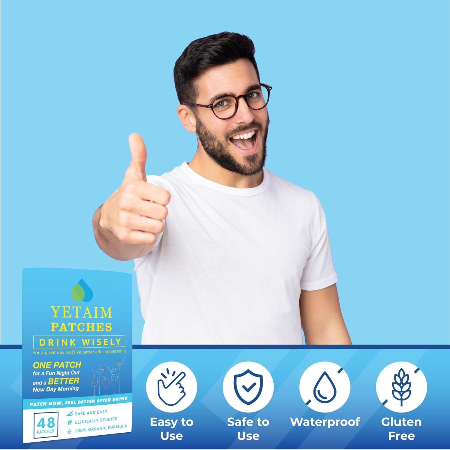 48-Pack YETAIM Recovery Patches for Men and Women - Fast Energy Boost and Recovery Support for Day and Night Parties - Arm, Neck, Wrist, and Back Application for Morning Revival - Clear Blue