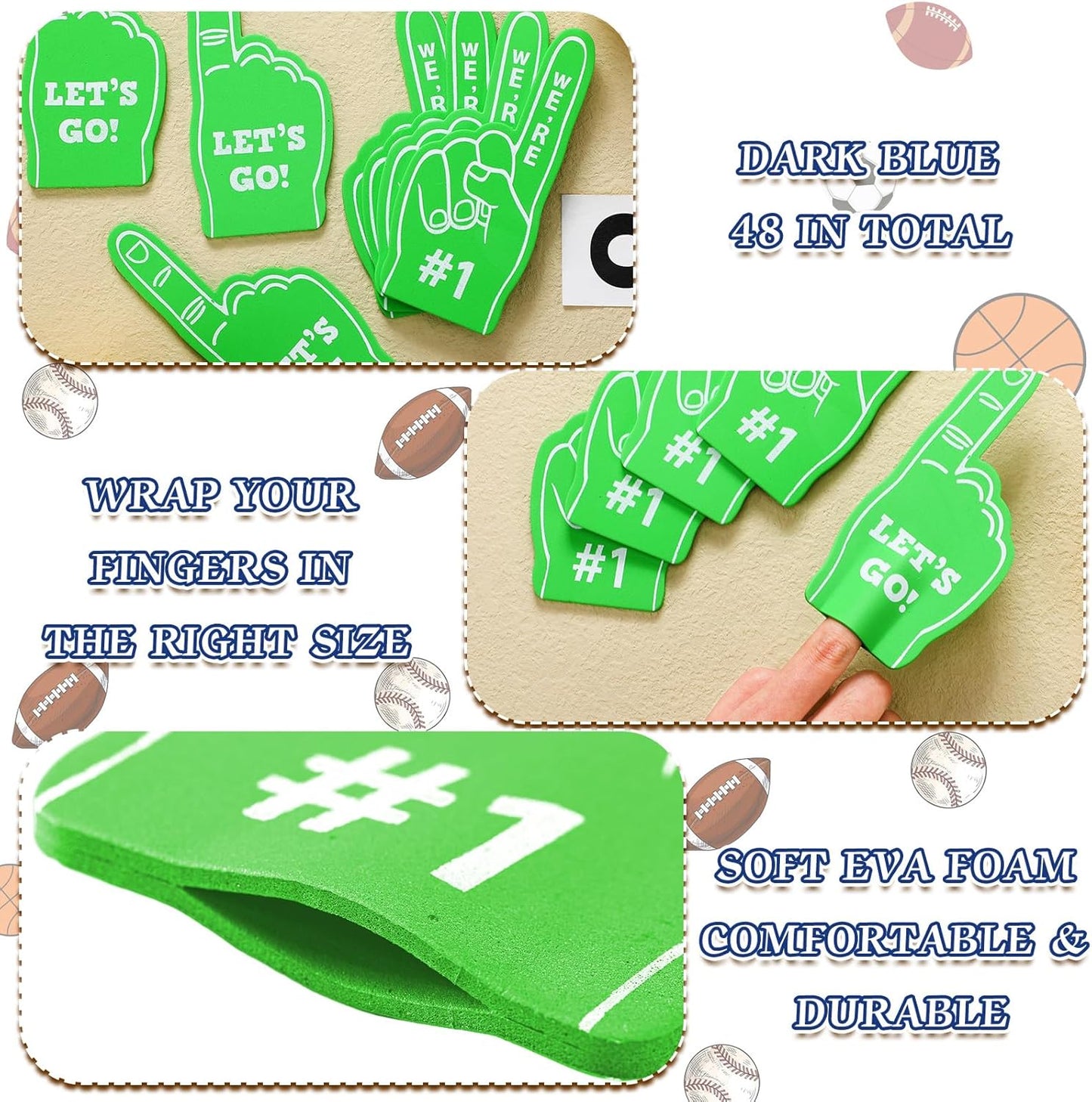 48-Piece Sport Party Favors Fan Foam Finger Set for Basketball Baseball Football Soccer Team Cheerleaders