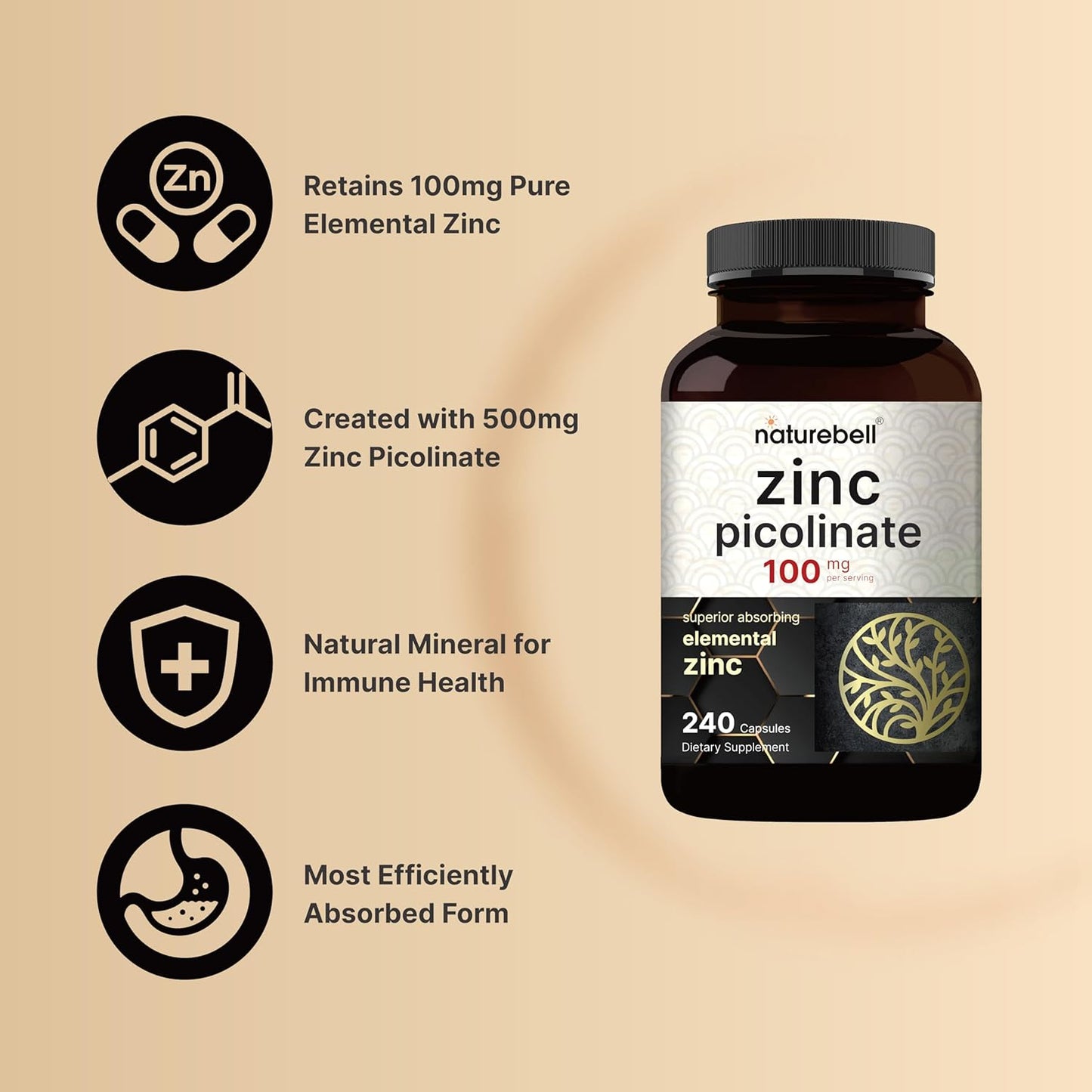 480 Count NatureBell Zinc Picolinate Capsules - Boost Immune System & Enzyme Function - 100mg