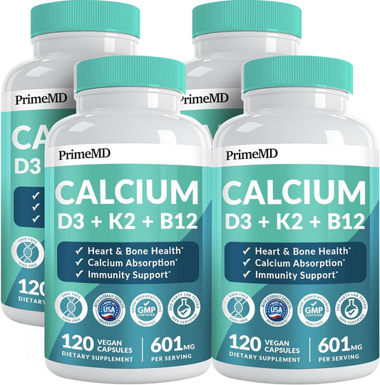 480 Count PrimeMD Calcium 600mg with Vitamin D3 K2 B12 5000 IU Supplement - 4-in-1 Heart, Bone, Body Defense Formula for Women and Men - Gluten-Free, Vegan-Friendly