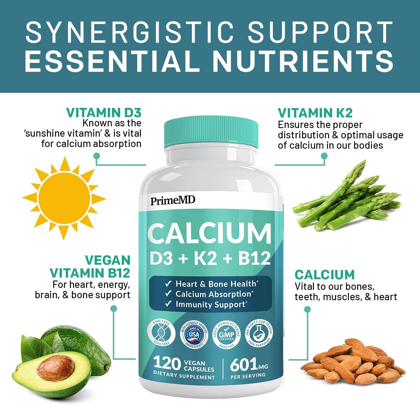 480 Count PrimeMD Calcium 600mg with Vitamin D3 K2 B12 5000 IU Supplement - 4-in-1 Heart, Bone, Body Defense Formula for Women and Men - Gluten-Free, Vegan-Friendly