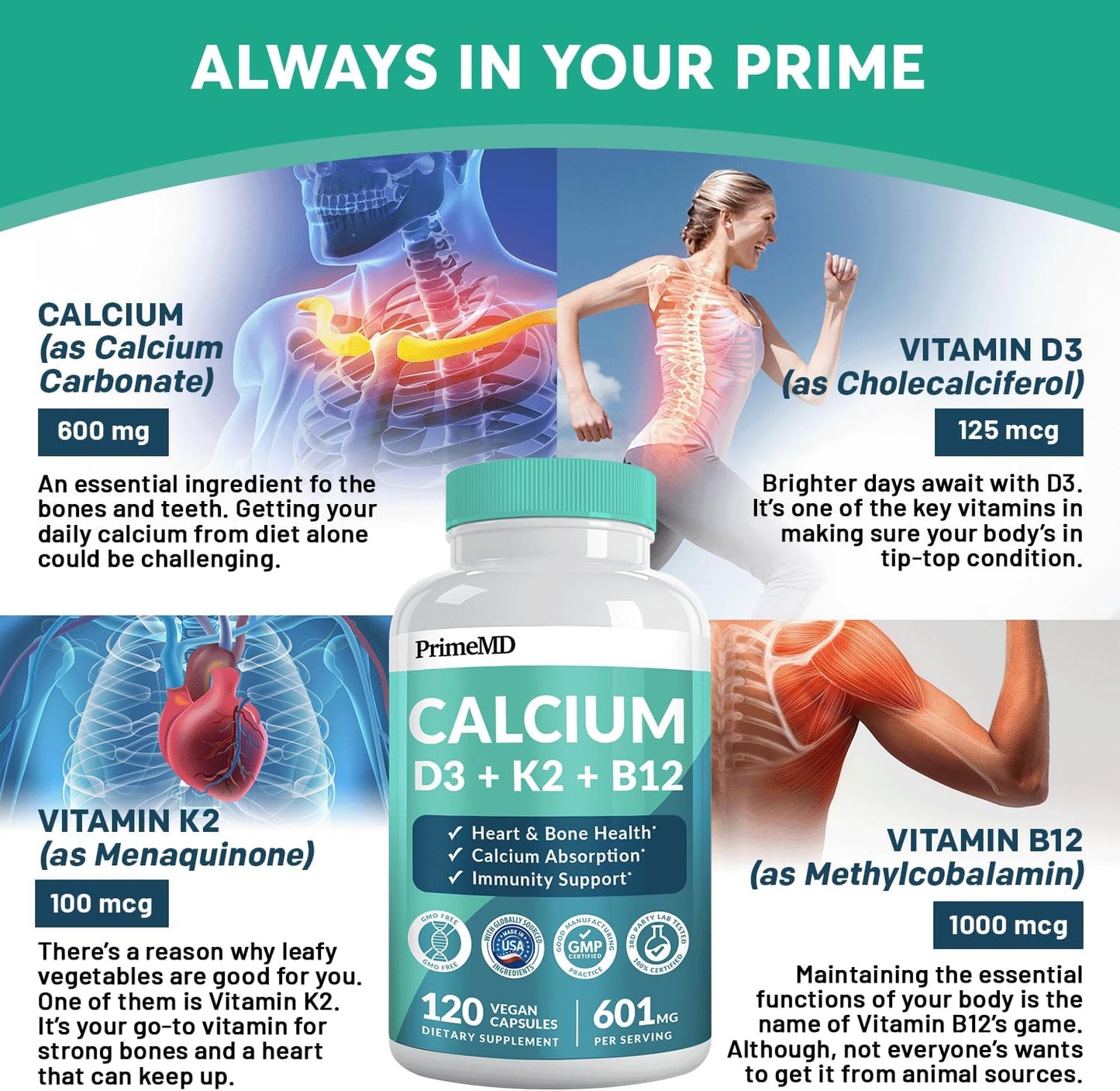 480 Count PrimeMD Calcium 600mg with Vitamin D3 K2 B12 5000 IU Supplement - 4-in-1 Heart, Bone, Body Defense Formula for Women and Men - Gluten-Free, Vegan-Friendly