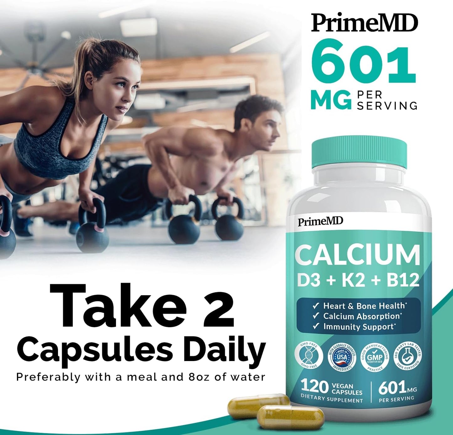 480 Count PrimeMD Calcium 600mg with Vitamin D3 K2 B12 5000 IU Supplement - 4-in-1 Heart, Bone, Body Defense Formula for Women and Men - Gluten-Free, Vegan-Friendly