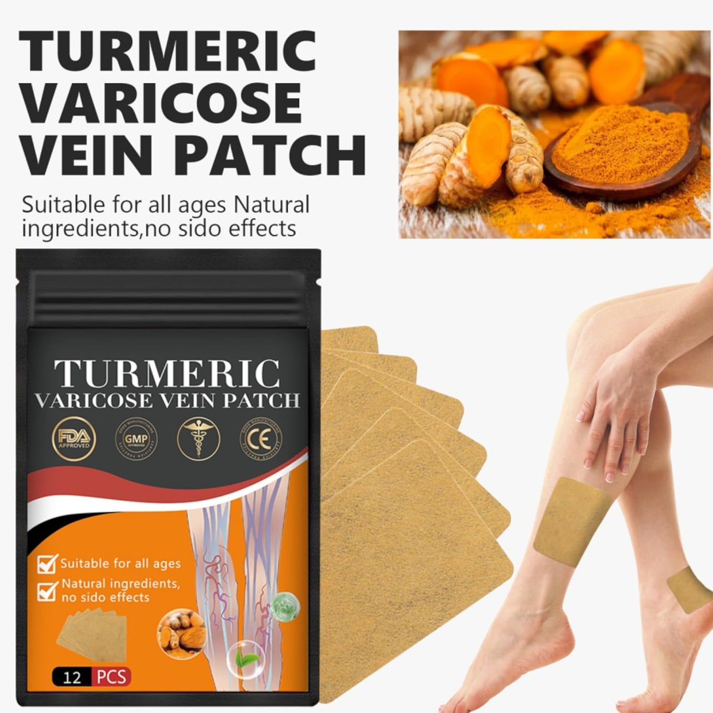 48PCS Turmeric Varicose Vein Patch - Natural Relief for Varicose Veins and Spider Veins on Legs - 1 Box