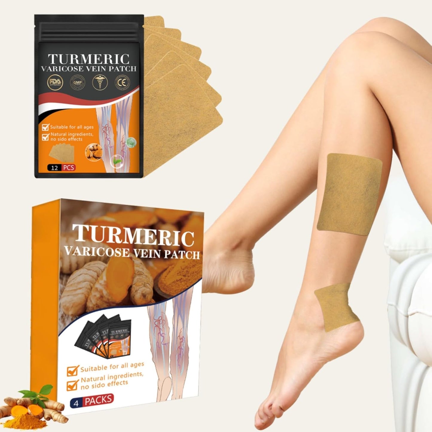 48PCS Turmeric Varicose Vein Patch - Natural Relief for Varicose Veins and Spider Veins on Legs - 1 Box