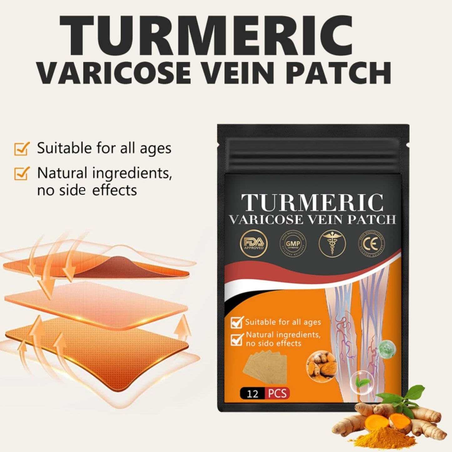 48PCS Turmeric Varicose Vein Patch - Natural Relief for Varicose Veins and Spider Veins on Legs - 1 Box