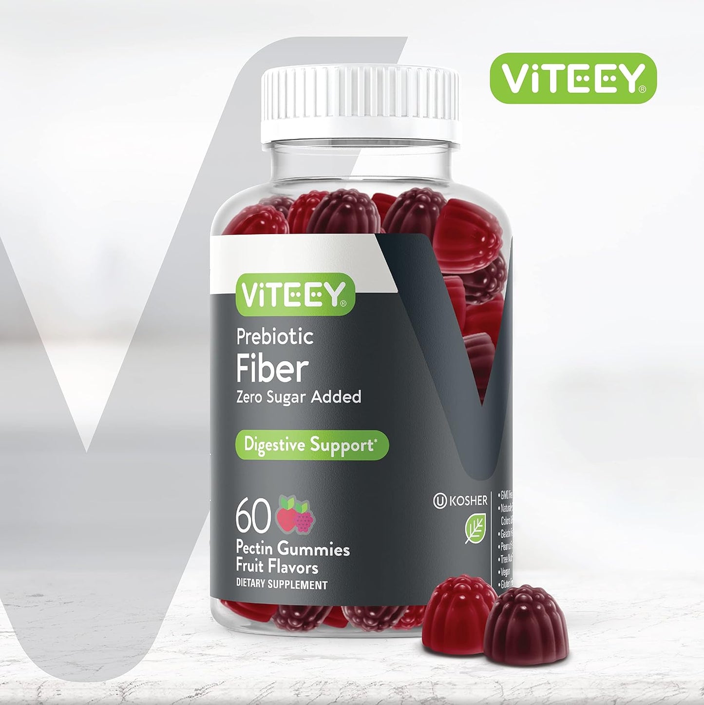 4g Viteey Prebiotic Fiber Gummies for Adults - Vegan, Gelatin Free - Chewable Fruit Flavored Gummy - Support Digestive Health & Natural Weight Loss - Sugar Free Fiber Supplement