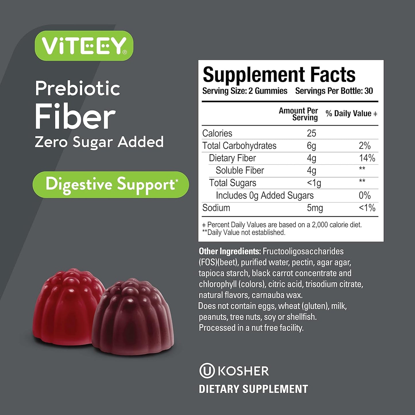4g Viteey Prebiotic Fiber Gummies for Adults - Vegan, Gelatin Free - Chewable Fruit Flavored Gummy - Support Digestive Health & Natural Weight Loss - Sugar Free Fiber Supplement