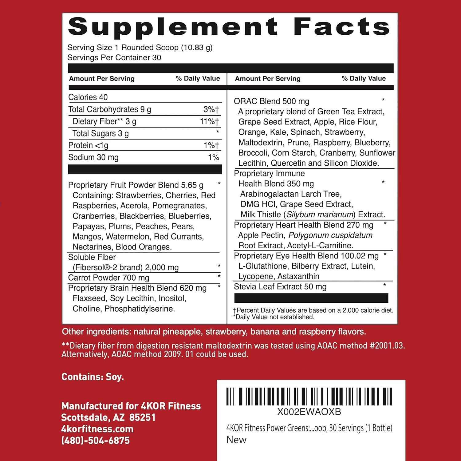 4KOR Fitness Power Reds & Greens: Antioxidant-Rich Superfoods Drink, Gluten-Free, Vegetarian, 30 Servings