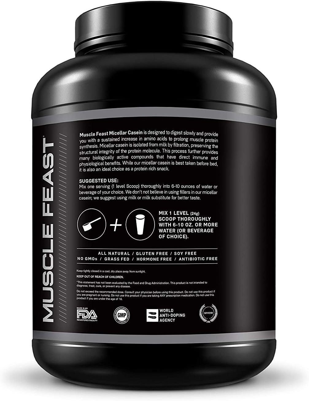 4lb Muscle Feast Micellar Casein Protein Powder - All Natural, Pasture Raised, Hormone Free, Soy Free - Unflavored Formula for Muscle Recovery and Growth