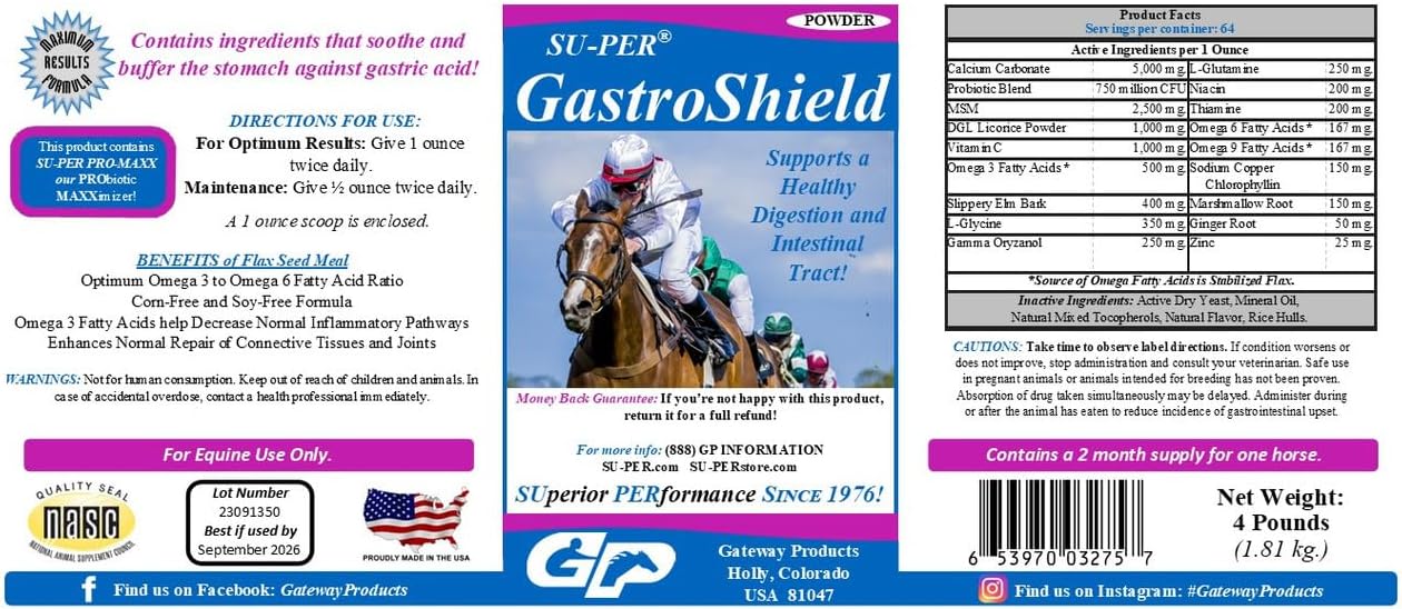 4lb SU-PER GastroShield Equine Probiotics Powder for Horse Digestion & Gastric Health - 2 Month Supply