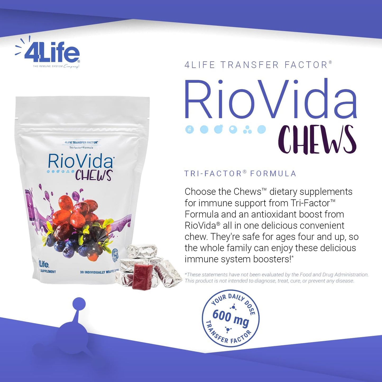 4Life RioVida Chews: Immune System & Anti-Aging Support with Elderberry, Acai Berry, and Transfer Factor Proteins - 30 Chews