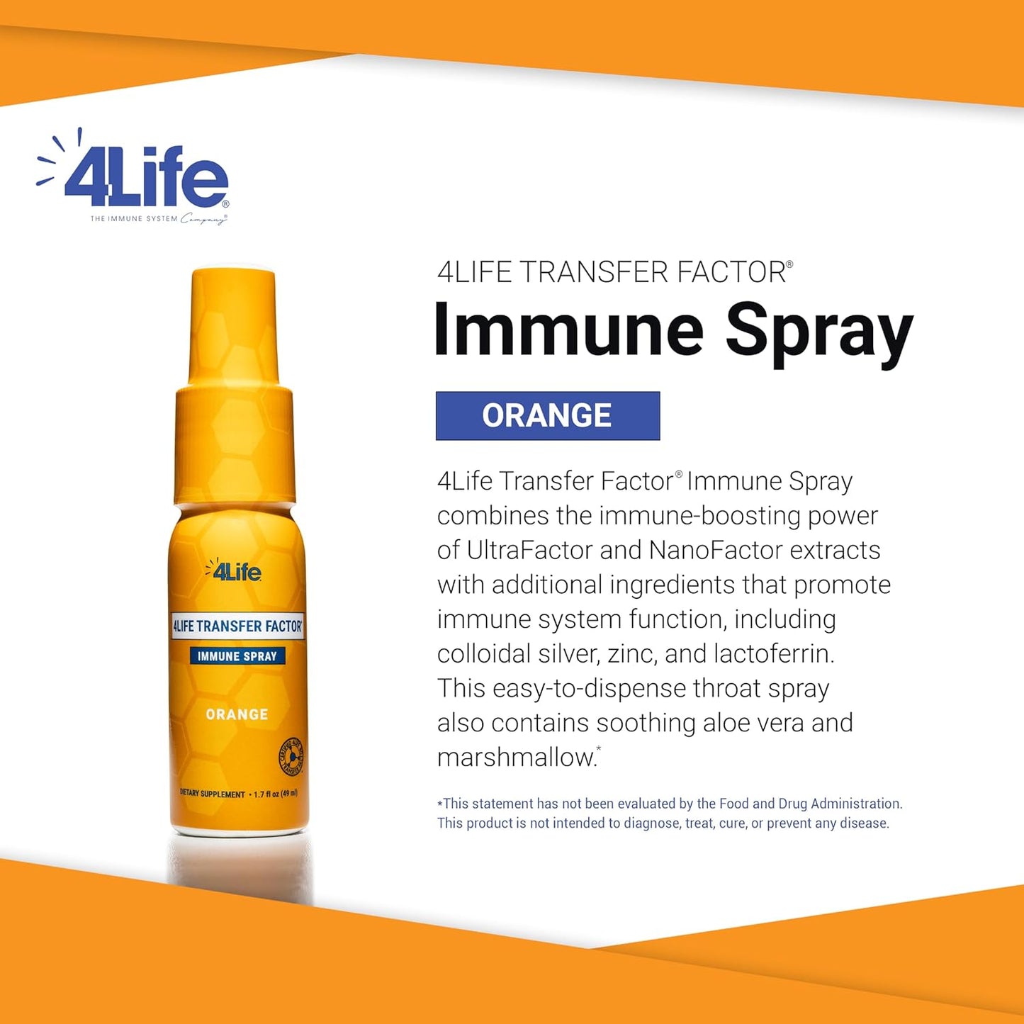4Life Transfer Factor Immune Spray with Zinc, Marshmallow Root Extract, Colloidal Silver - Orange Flavor - 1.7 oz - Boosts Immunity