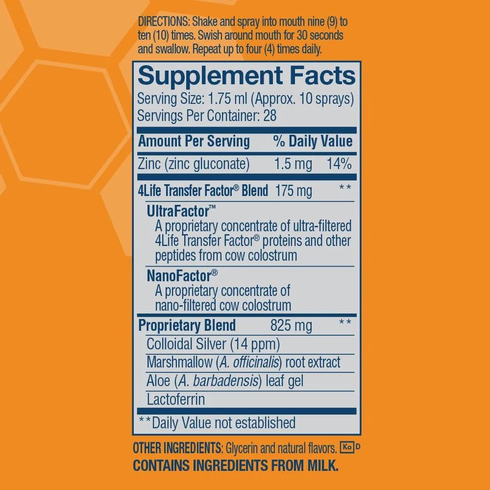4Life Transfer Factor Immune Spray with Zinc, Marshmallow Root Extract, Colloidal Silver - Orange Flavor - 1.7 oz - Boosts Immunity