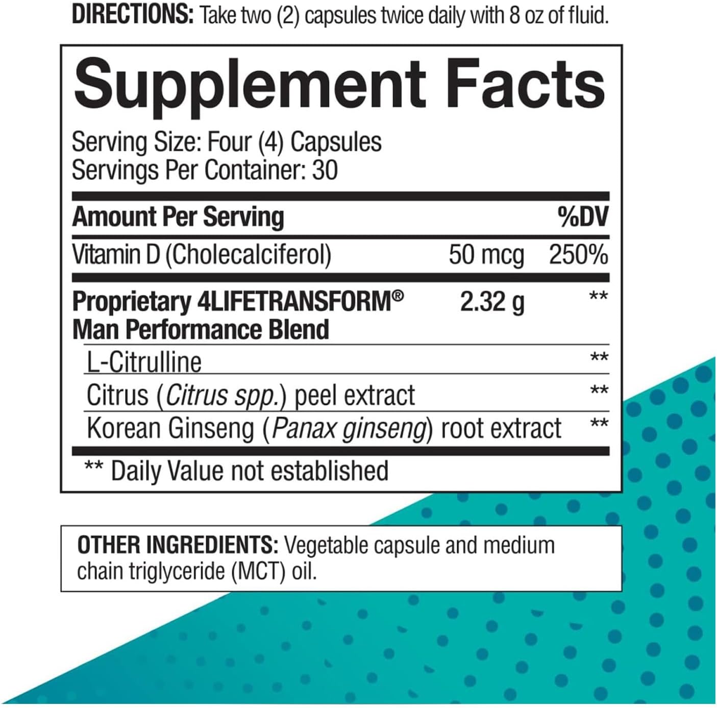 4Life Transform Man - Natural Supplement for Men's Sexual Health and Vitality - Boosts Nitric Oxide, Energy, and Well-Being - With L-Citrulline, Vitamin D3, and Korean Ginseng - 120 Capsules