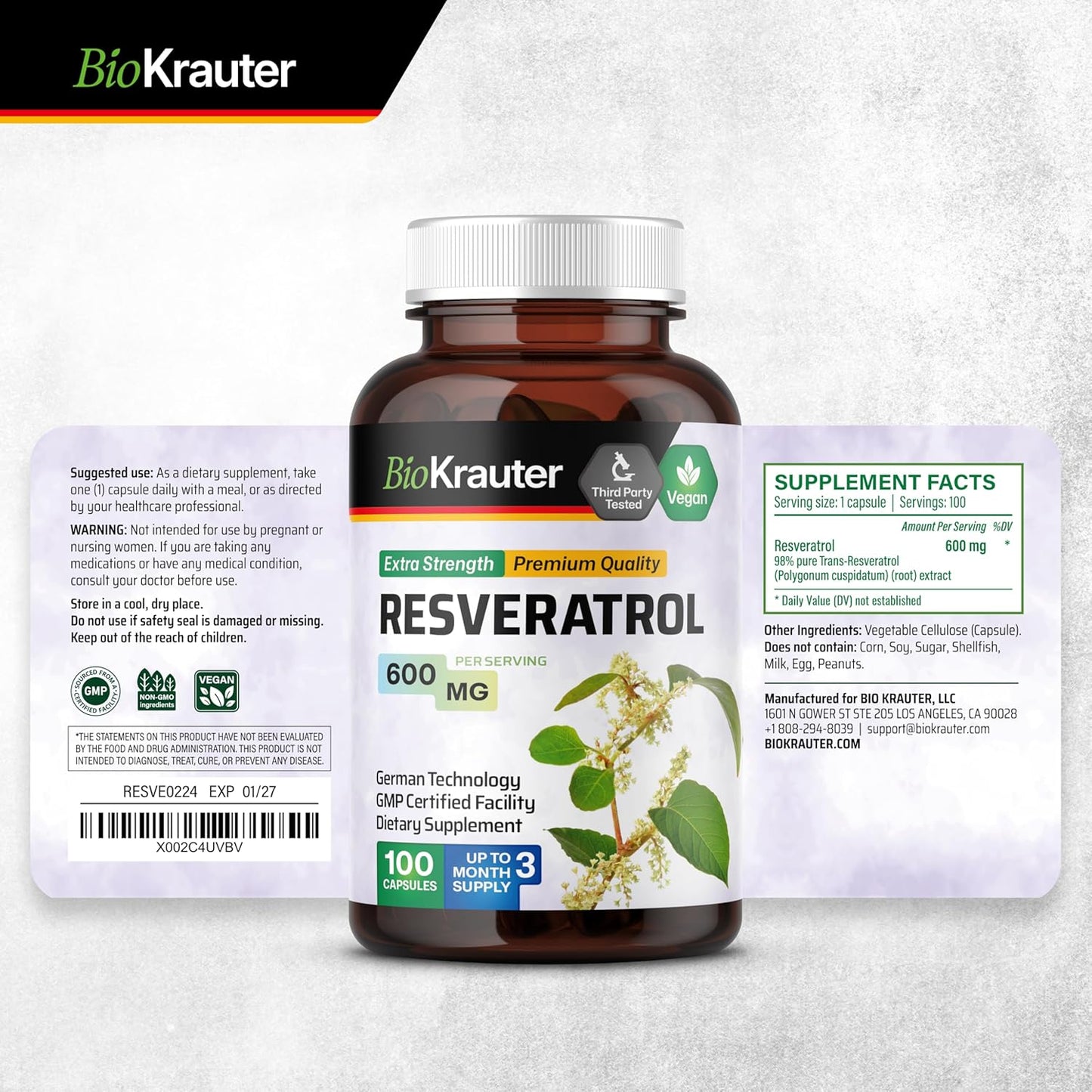 4oz BIO KRAUTER Lung Detox Tincture with 100 Resveratrol Capsules