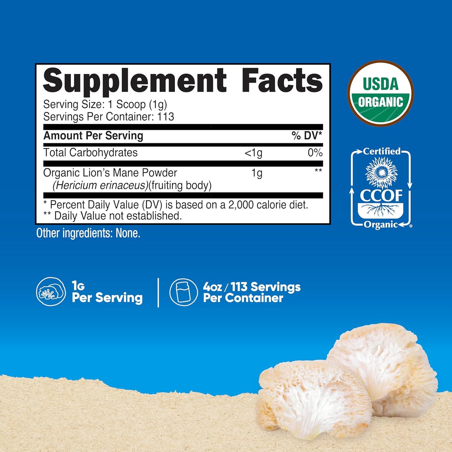 4oz Nutricost Organic Lion's Mane Mushroom Powder - USDA Certified Organic