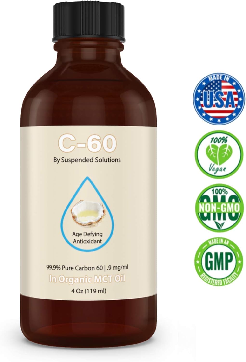 4oz Suspended Solutions C60 MCT Oil - 99.9% Pure Carbon 60 in Organic Extra Virgin Oil - 108mg Active C60 - Solvent-Free & Glass Bottle