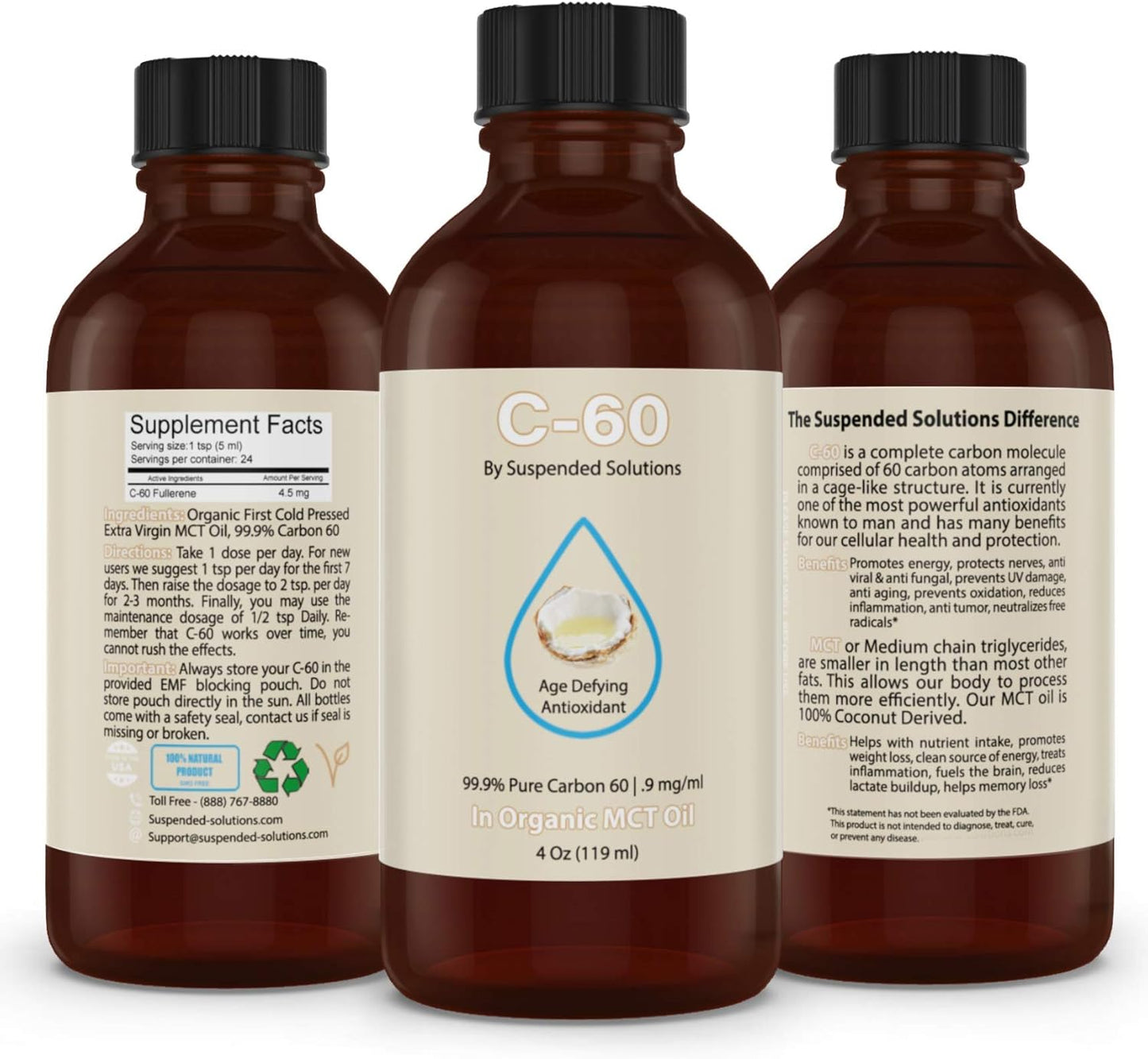 4oz Suspended Solutions C60 MCT Oil - 99.9% Pure Carbon 60 in Organic Extra Virgin Oil - 108mg Active C60 - Solvent-Free & Glass Bottle