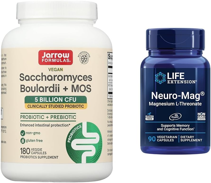 5 Billion CFU Saccharomyces Boulardii Probiotics + MOS for Gut Health & Life Extension Neuro-Mag Magnesium L-threonate for Brain Health and Memory