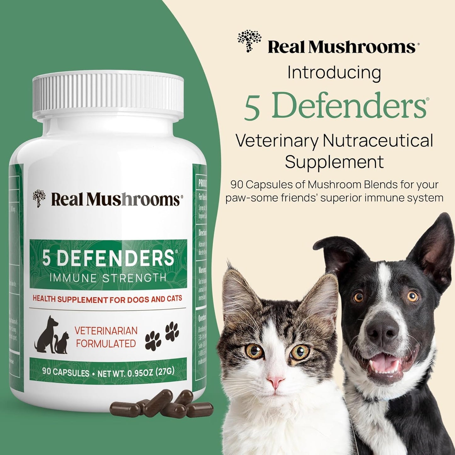 5 Defenders Mushroom Supplements for Pets - Chaga, Shiitake, Reishi, Turkey Tail - Vet-Approved Health Support Vitamins - Real Mushrooms Powder Capsules 90ct