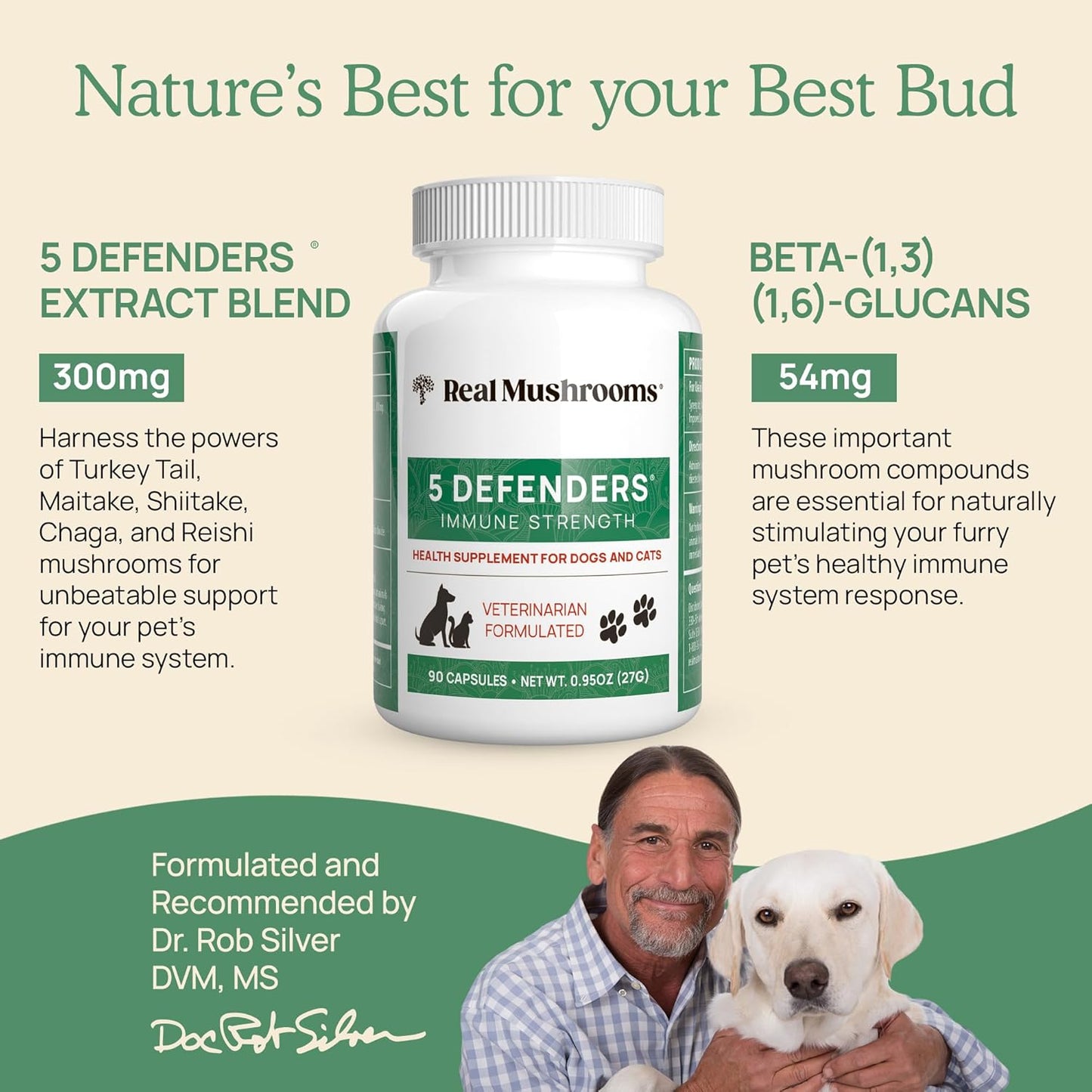 5 Defenders Mushroom Supplements for Pets - Chaga, Shiitake, Reishi, Turkey Tail - Vet-Approved Health Support Vitamins - Real Mushrooms Powder Capsules 90ct