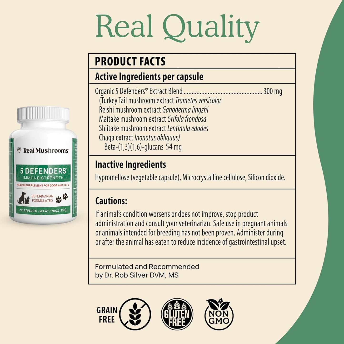 5 Defenders Mushroom Supplements for Pets - Chaga, Shiitake, Reishi, Turkey Tail - Vet-Approved Health Support Vitamins - Real Mushrooms Powder Capsules 90ct